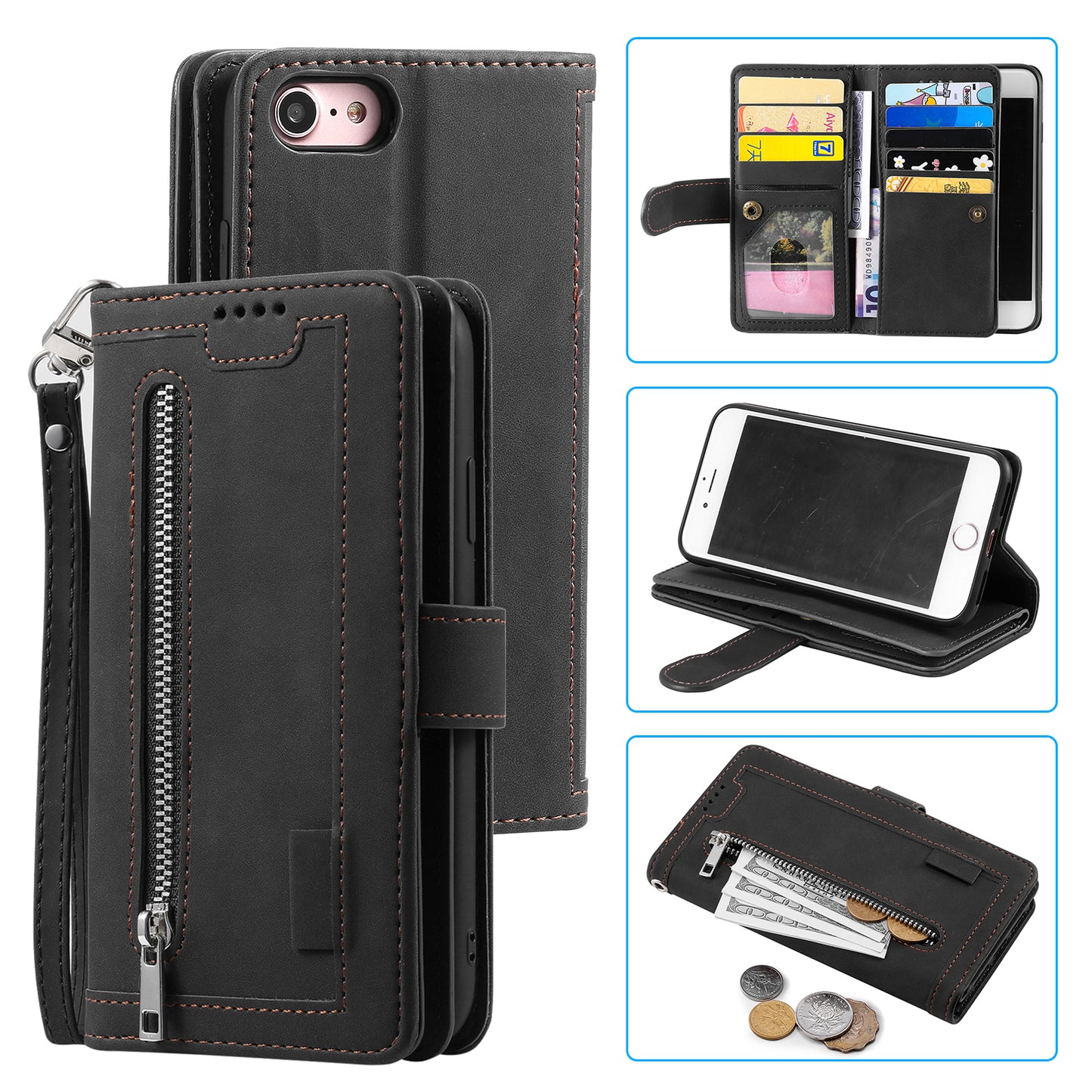 Zipper Pocket 9 Card Slots Leather Wallet Case for iPhone 6s/6