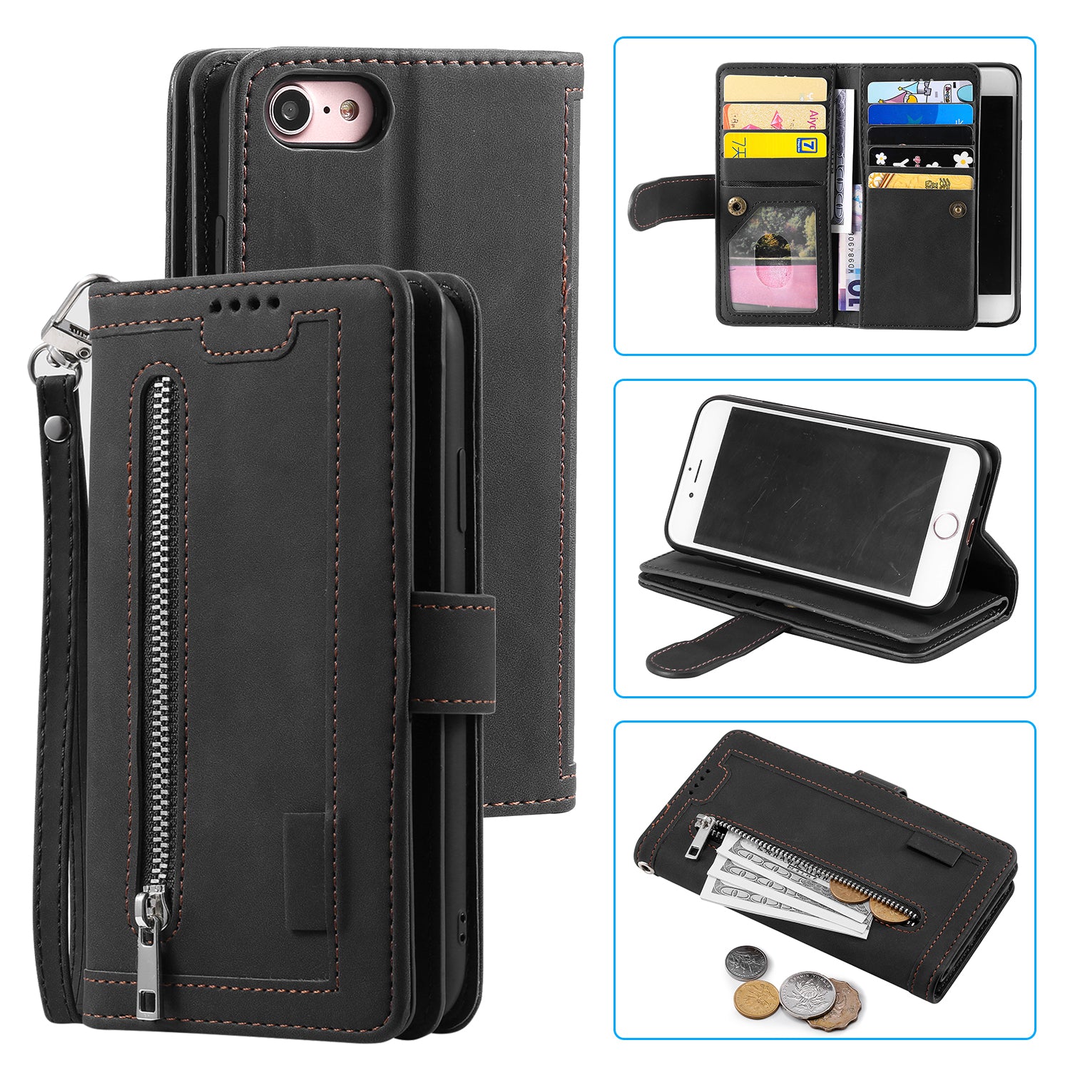 Zipper Pocket 9 Card Slots Leather Wallet Case for iPhone 6s/6