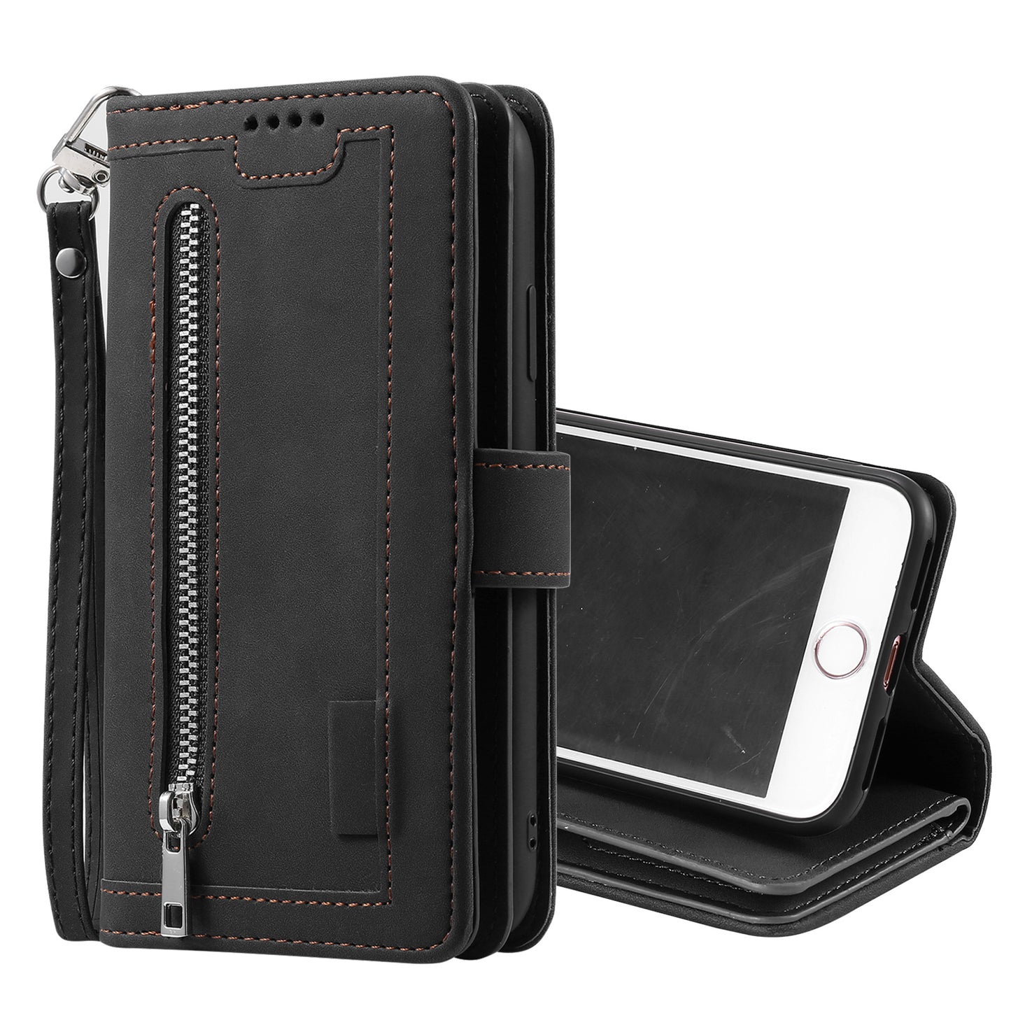 Zipper Pocket 9 Card Slots Leather Wallet Case for iPhone 6s/6