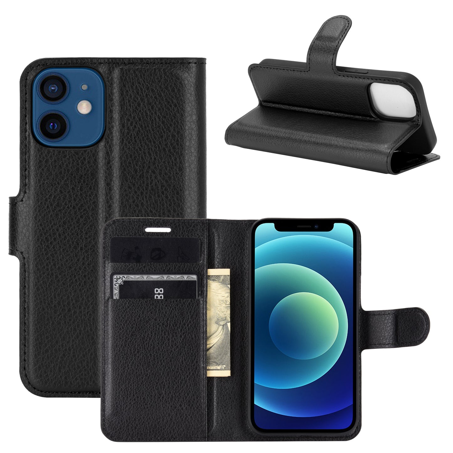Litchi Texture Wallet Stand Leather Phone Cover for iPhone 12 mini Mobile Phone Accessories