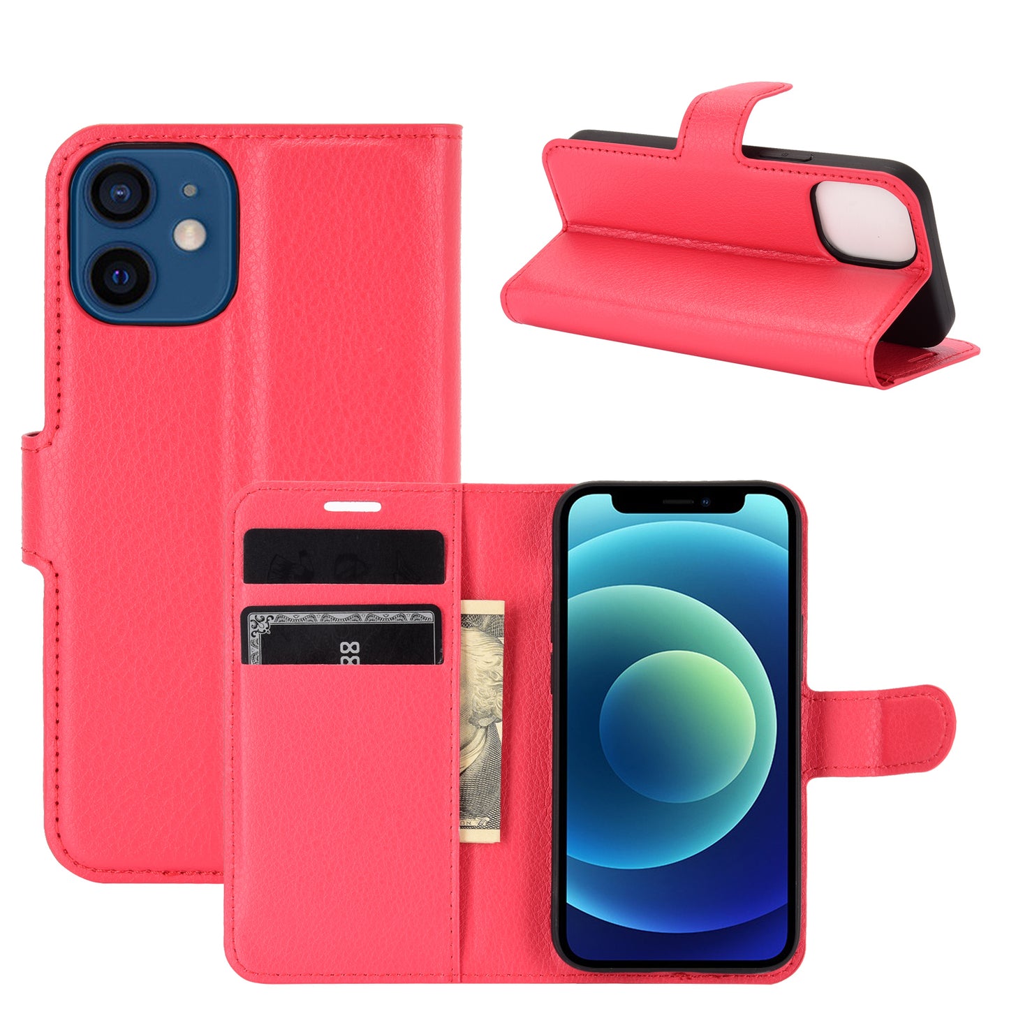 Litchi Texture Wallet Stand Leather Phone Cover for iPhone 12 mini Mobile Phone Accessories