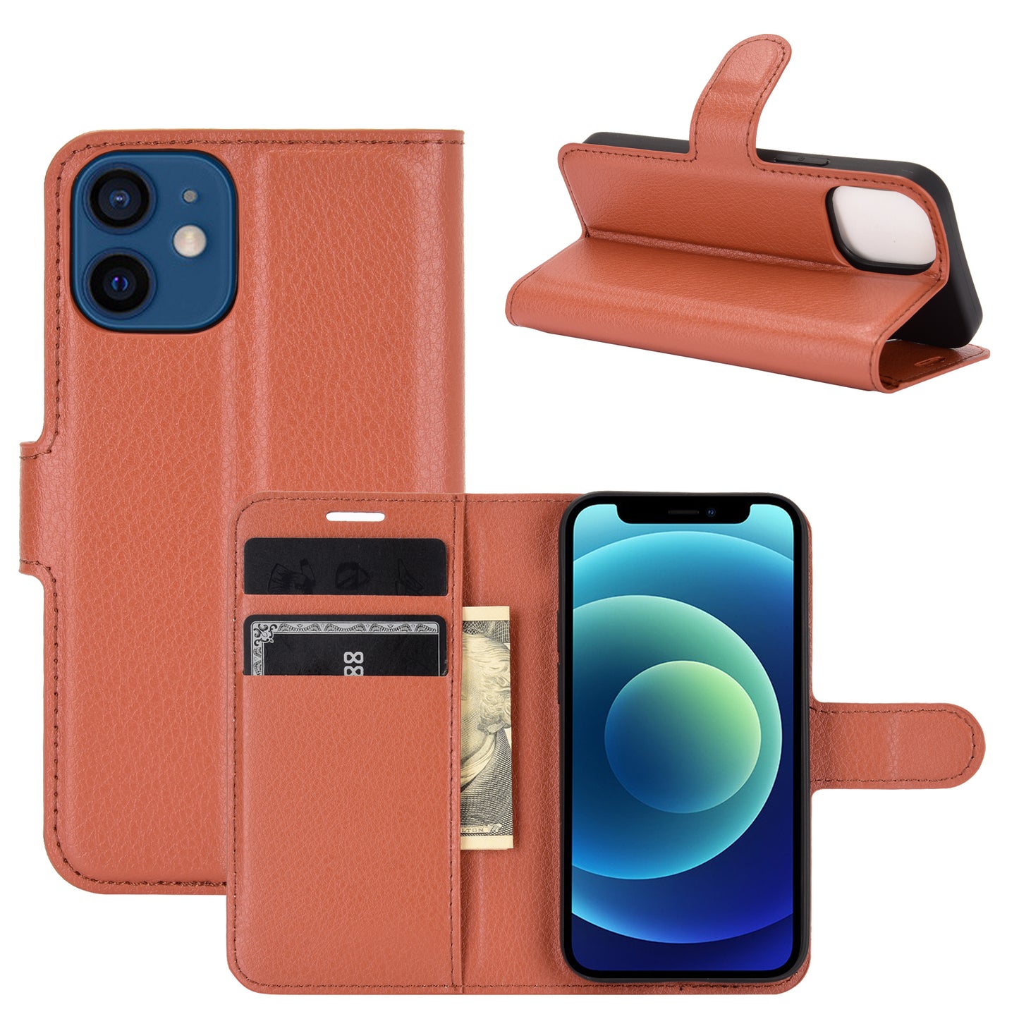 Litchi Texture Wallet Stand Leather Phone Cover for iPhone 12 mini Mobile Phone Accessories