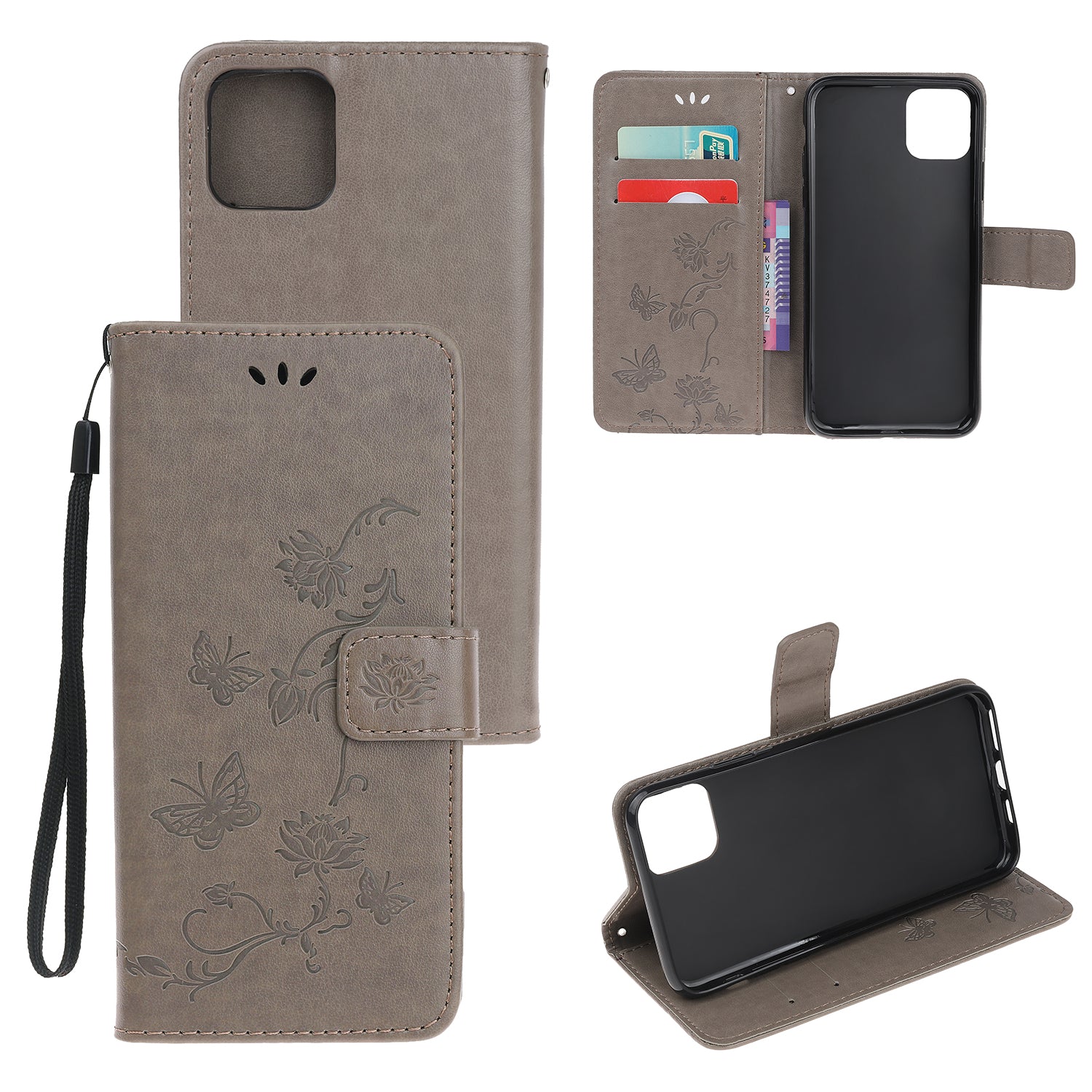 Imprint Butterfly Flowers Leather Wallet Phone Cover for iPhone 12 Pro 6.1 inch