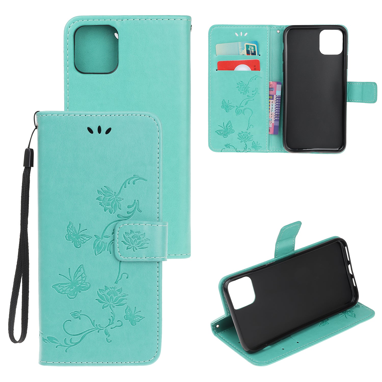 Imprint Butterfly Flowers Leather Wallet Phone Cover for iPhone 12 Pro 6.1 inch