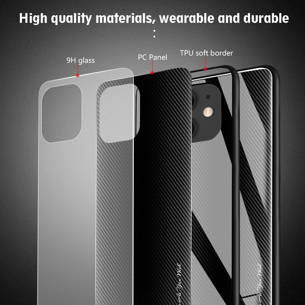 Carbon Fibre Texture Glass Back + TPU Combo Shell for iPhone 12/12 Pro 6.1 inch