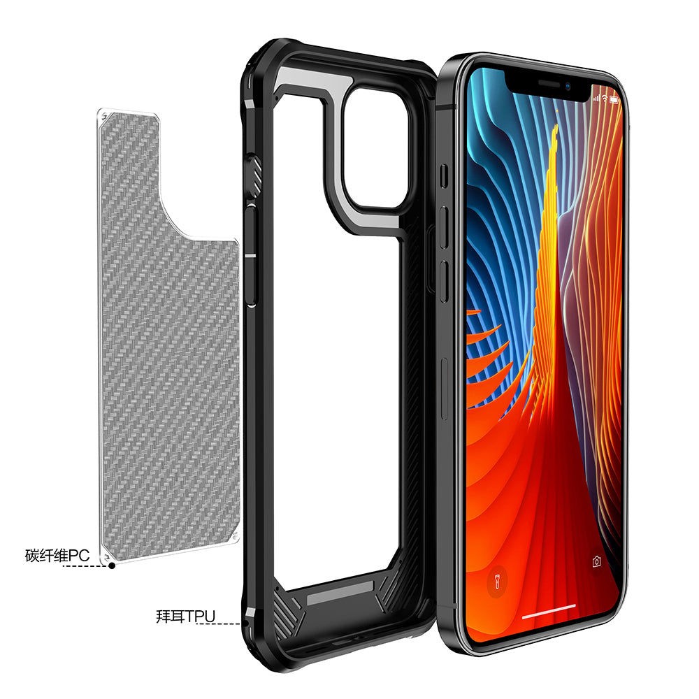 Carbon Fiber Texture PC + TPU Hybrid Phone Protective Case for iPhone 12 mini