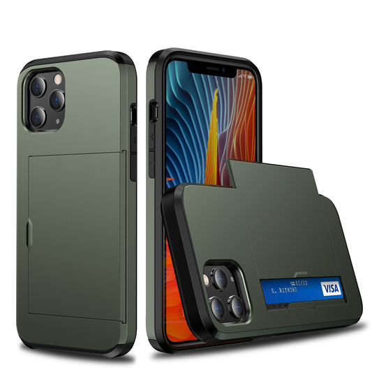 For iPhone 12 Pro/12 Anti-scratch Durable Shockproof Dustproof Phone Bag Covering Slide Card Slot Plastic + TPU Hybrid Shell Phone Cover Case
