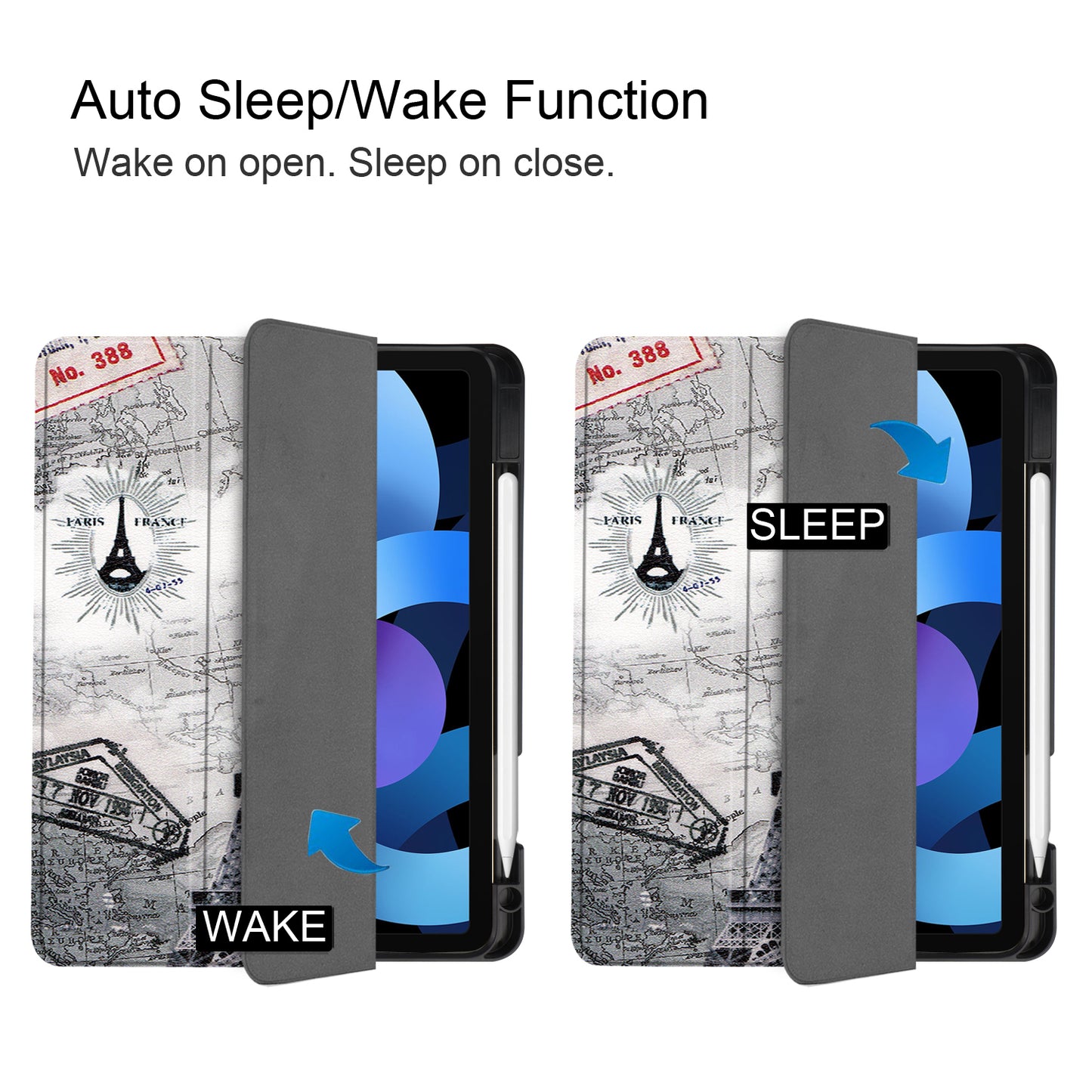 For iPad Air (2020)/Air (2022) Pattern Printing PU Leather Soft TPU Back Tablet Case Smart Tri-fold Stand Auto Wake/Sleep Shell with Pen Slot