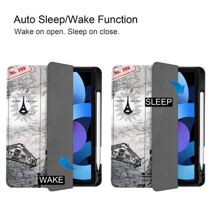 For iPad Air (2020)/Air (2022) Pattern Printing PU Leather Soft TPU Back Tablet Case Smart Tri-fold Stand Auto Wake/Sleep Shell with Pen Slot