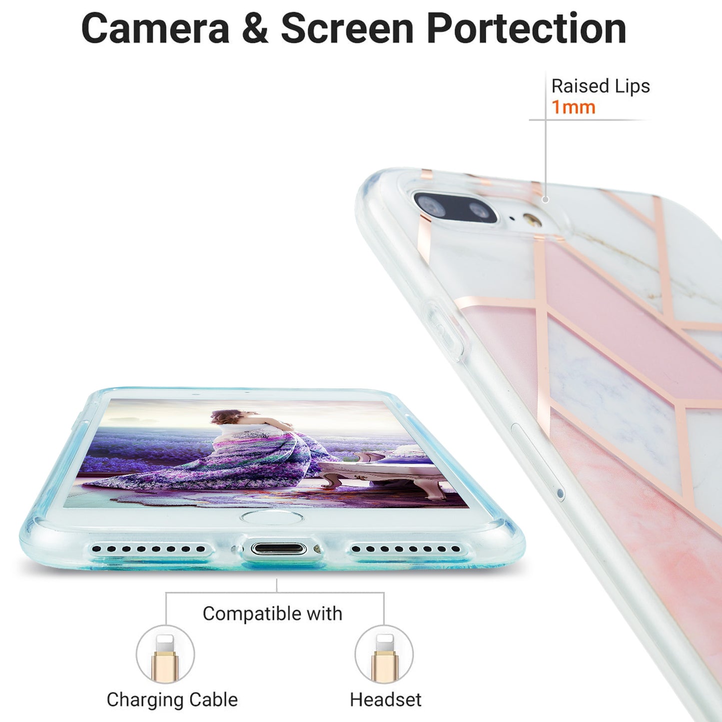 2.0mm Electroplating IMD Splicing Marble Pattern Design TPU Protector Cover for iPhone 7 Plus/8 Plus