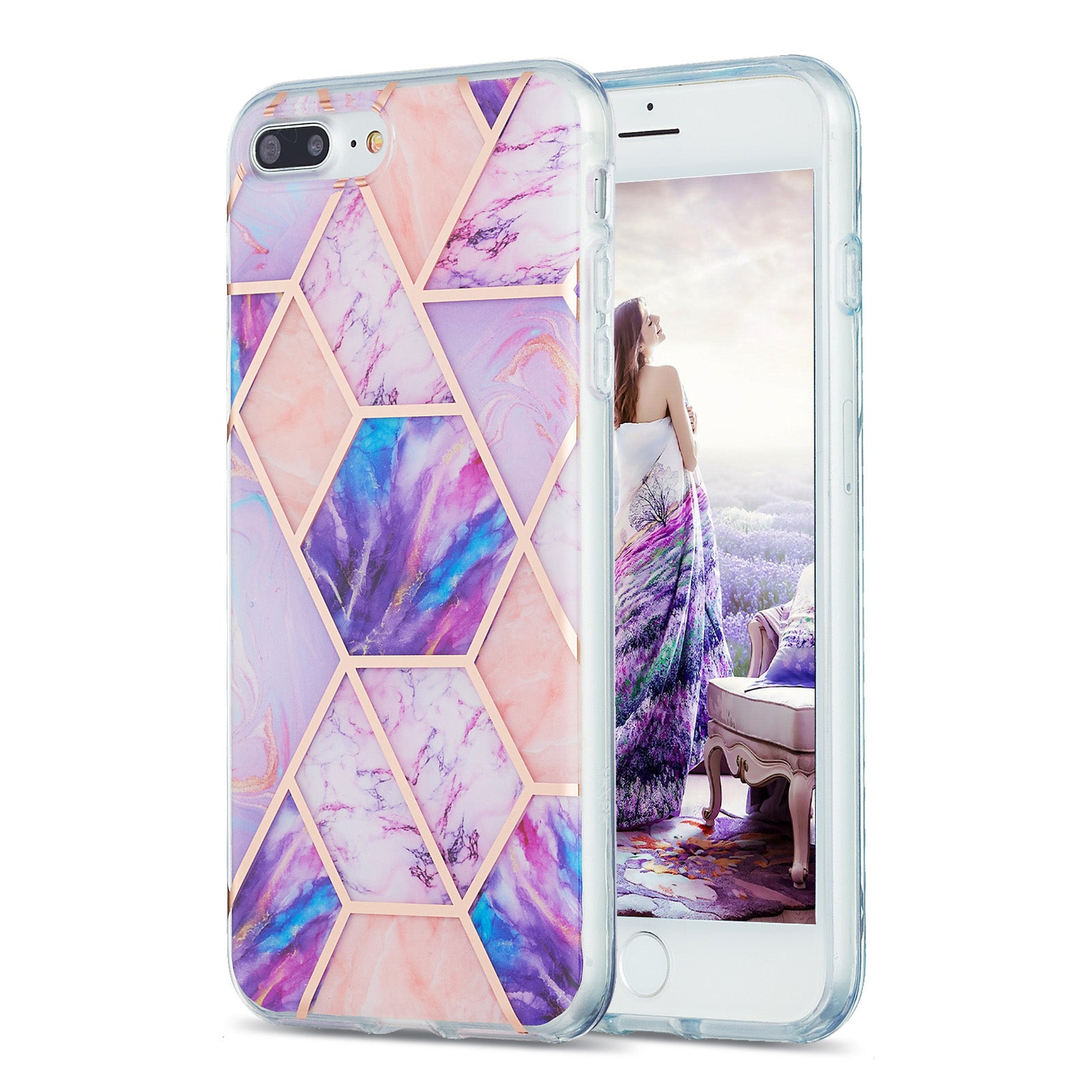 2.0mm Electroplating IMD Splicing Marble Pattern Design TPU Protector Cover for iPhone 7 Plus/8 Plus