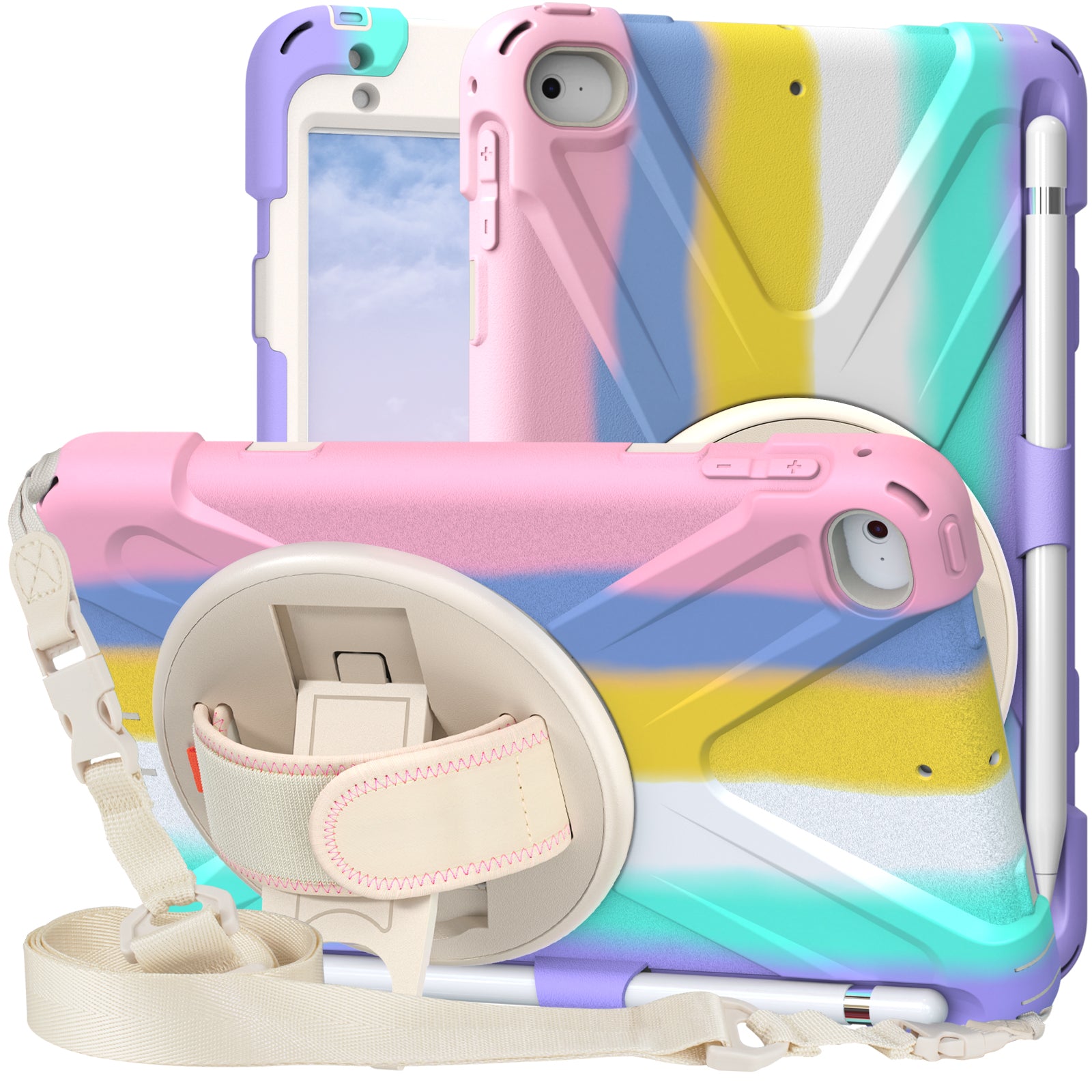 Revolving Kickstand Design Tablet Cover + Strap with Colorful Rainbow Pattern Design for iPad mini 4/(2019) 7.9 inch