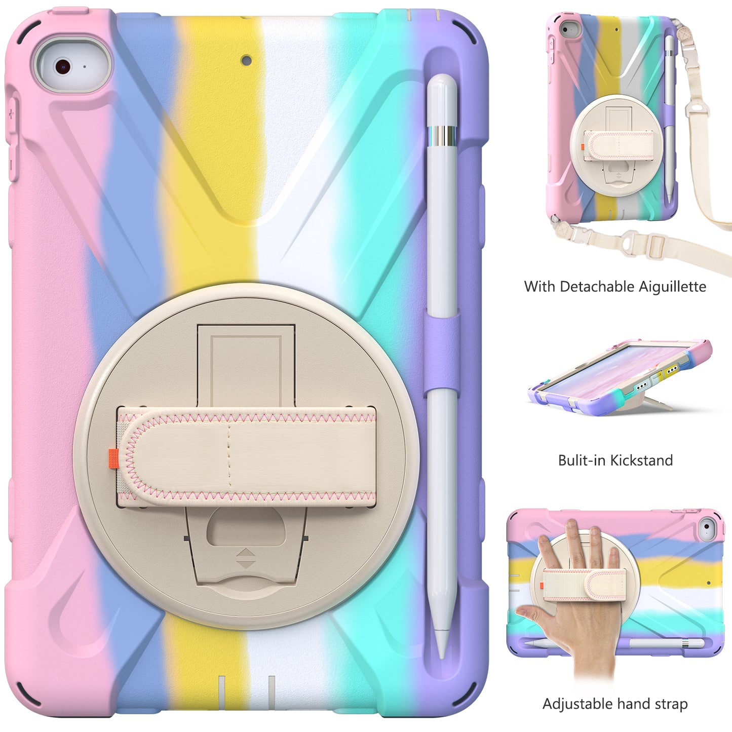 Revolving Kickstand Design Tablet Cover + Strap with Colorful Rainbow Pattern Design for iPad mini 4/(2019) 7.9 inch