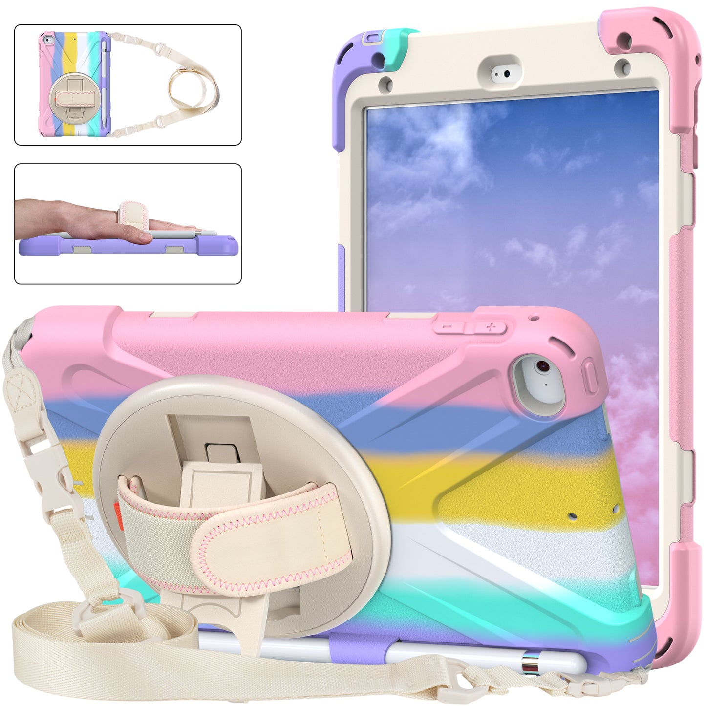 Revolving Kickstand Design Tablet Cover + Strap with Colorful Rainbow Pattern Design for iPad mini 4/(2019) 7.9 inch