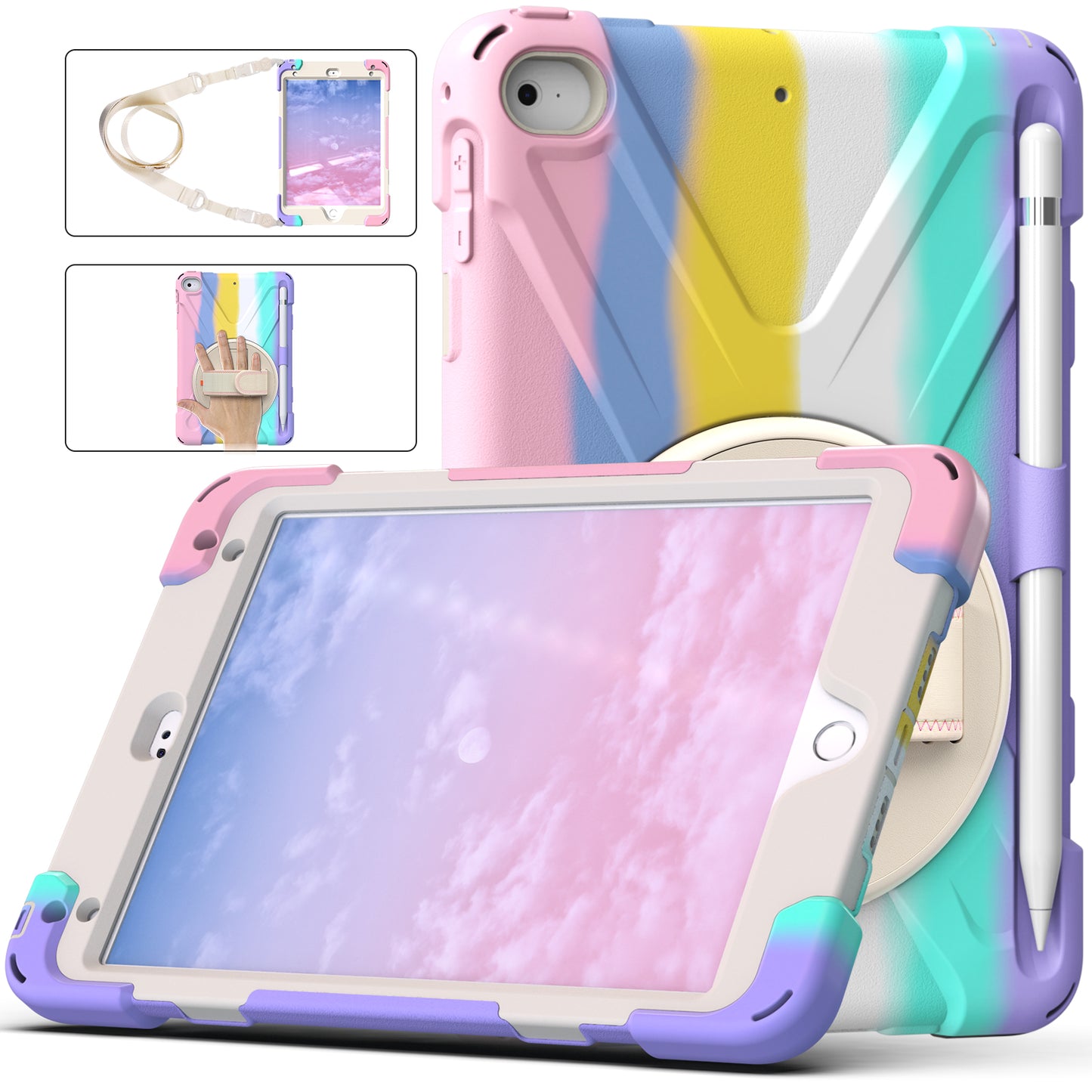 Revolving Kickstand Design Tablet Cover + Strap with Colorful Rainbow Pattern Design for iPad mini 4/(2019) 7.9 inch