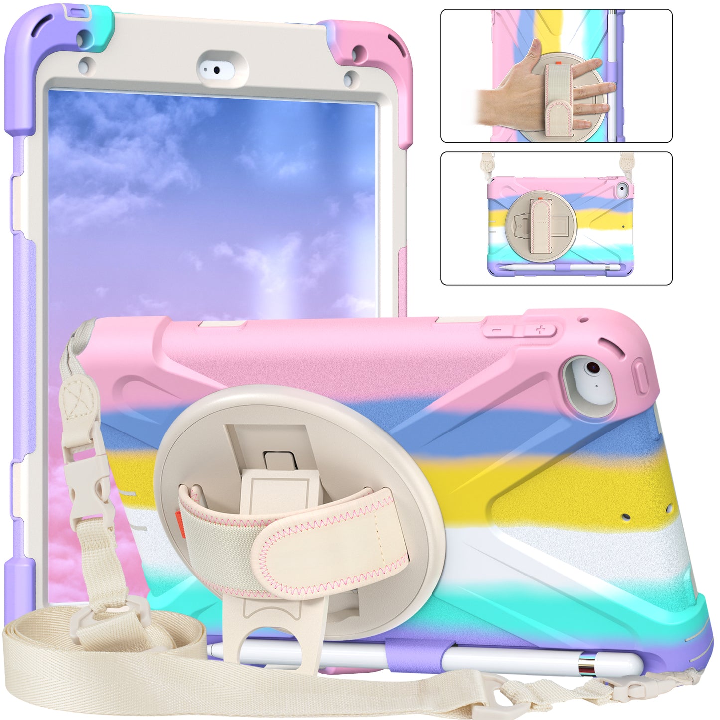 Revolving Kickstand Design Tablet Cover + Strap with Colorful Rainbow Pattern Design for iPad mini 4/(2019) 7.9 inch