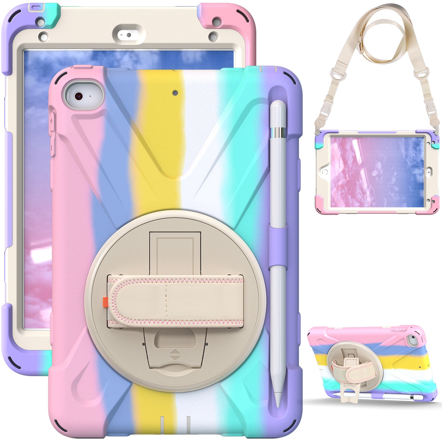 Revolving Kickstand Design Tablet Cover + Strap with Colorful Rainbow Pattern Design for iPad mini 4/(2019) 7.9 inch