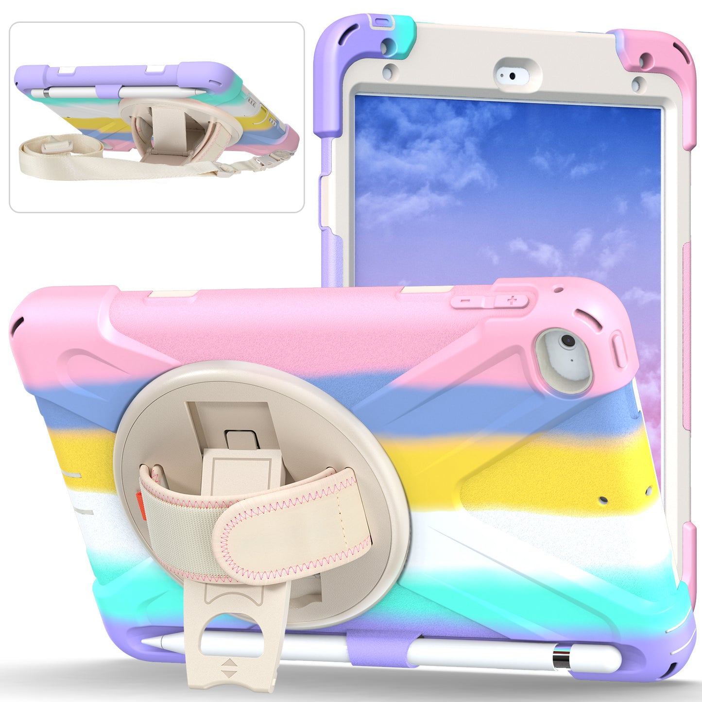 Revolving Kickstand Design Tablet Cover + Strap with Colorful Rainbow Pattern Design for iPad mini 4/(2019) 7.9 inch