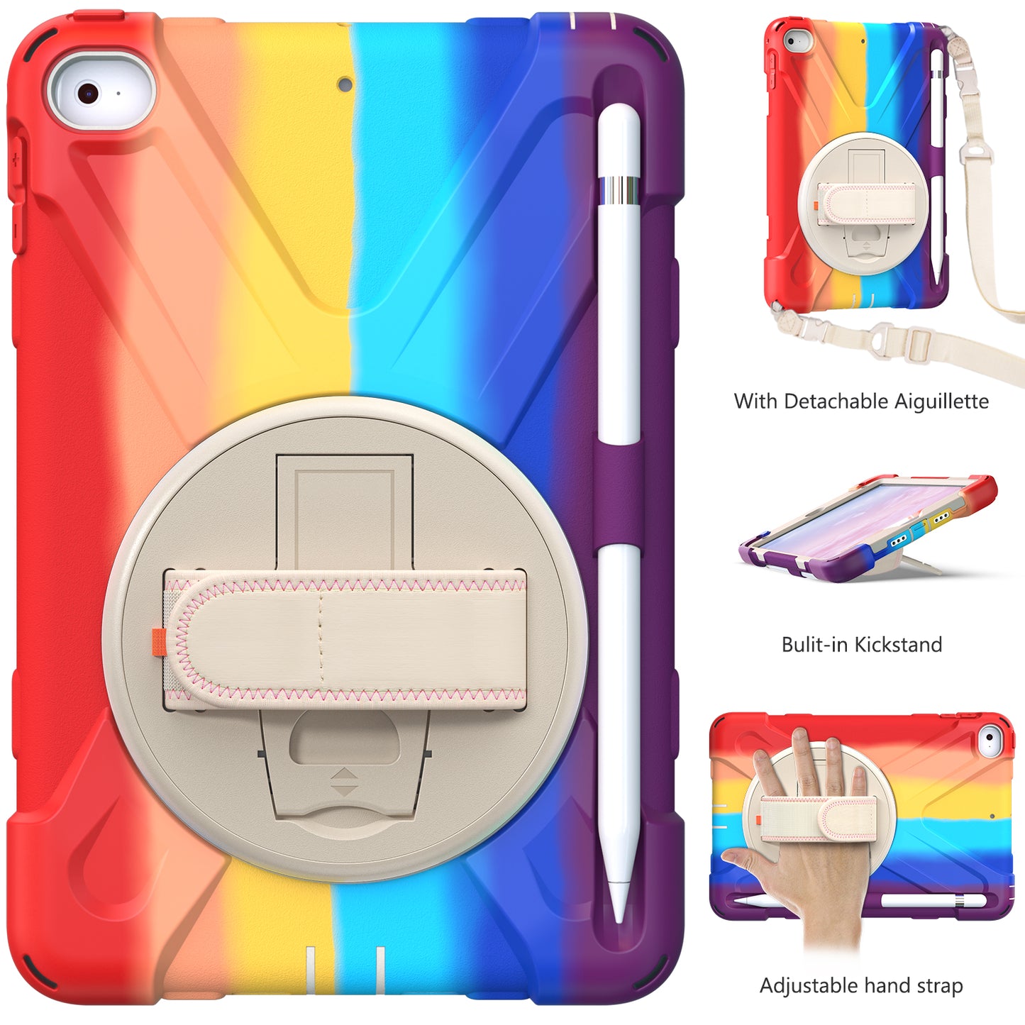 Revolving Kickstand Design Tablet Cover + Strap with Colorful Rainbow Pattern Design for iPad mini 4/(2019) 7.9 inch