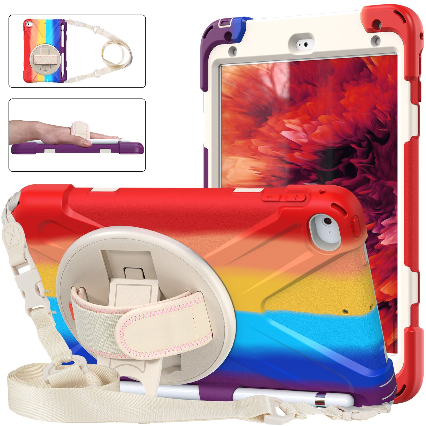 Revolving Kickstand Design Tablet Cover + Strap with Colorful Rainbow Pattern Design for iPad mini 4/(2019) 7.9 inch
