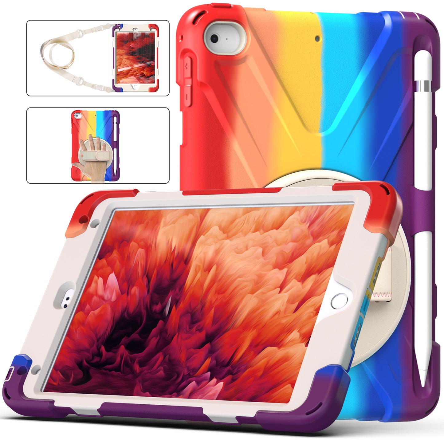 Revolving Kickstand Design Tablet Cover + Strap with Colorful Rainbow Pattern Design for iPad mini 4/(2019) 7.9 inch