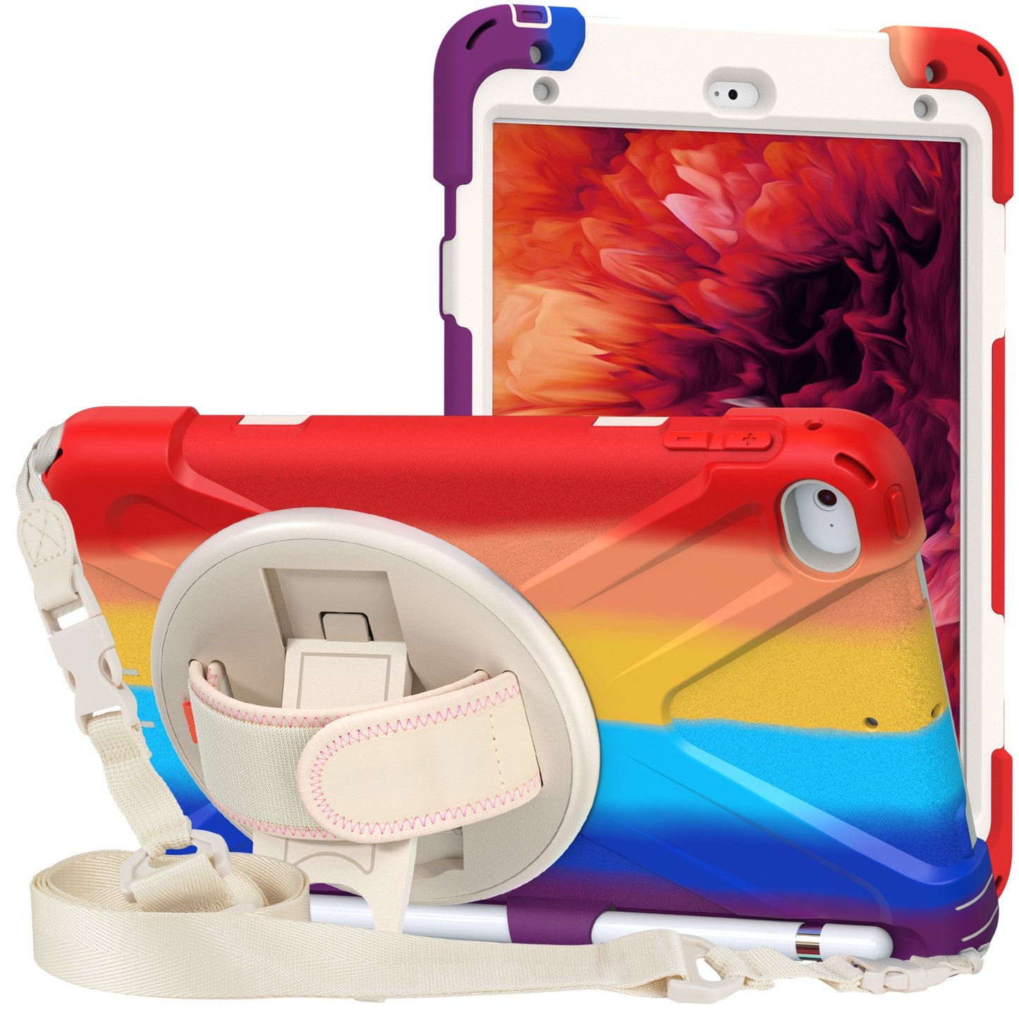 Revolving Kickstand Design Tablet Cover + Strap with Colorful Rainbow Pattern Design for iPad mini 4/(2019) 7.9 inch