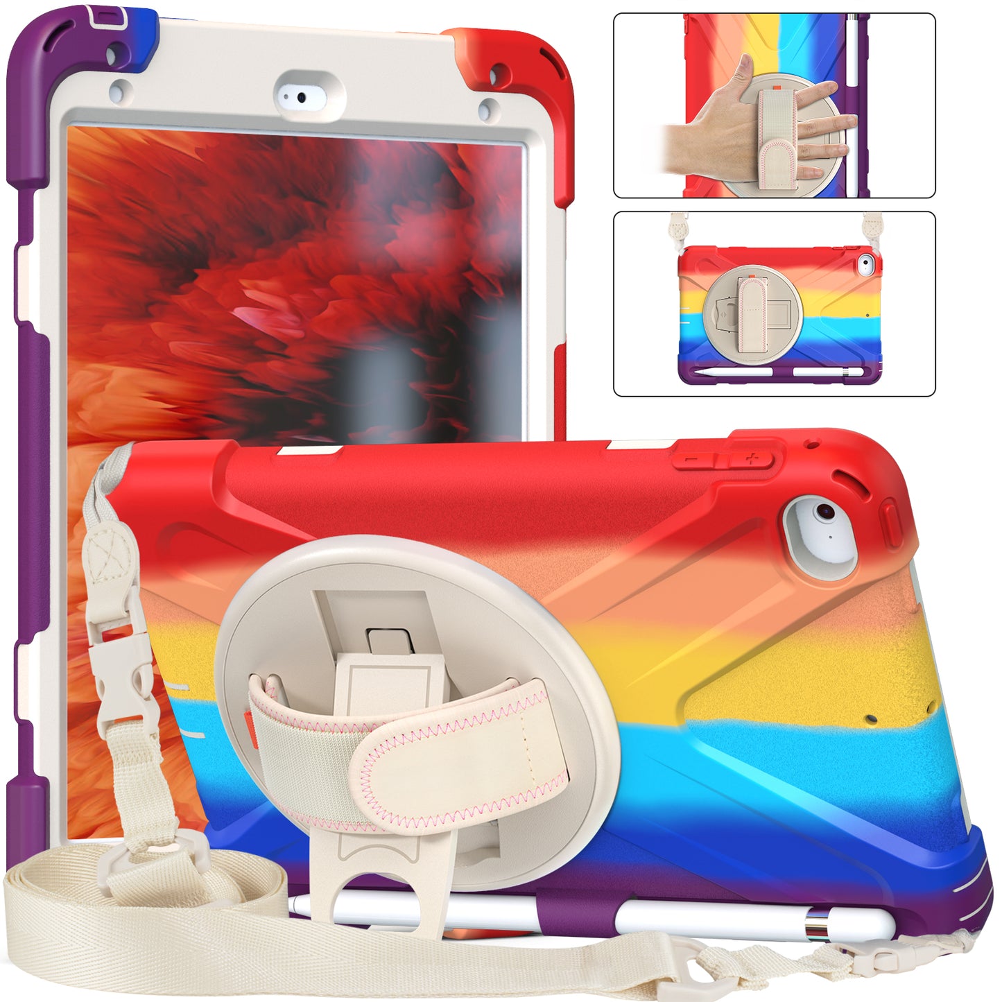 Revolving Kickstand Design Tablet Cover + Strap with Colorful Rainbow Pattern Design for iPad mini 4/(2019) 7.9 inch