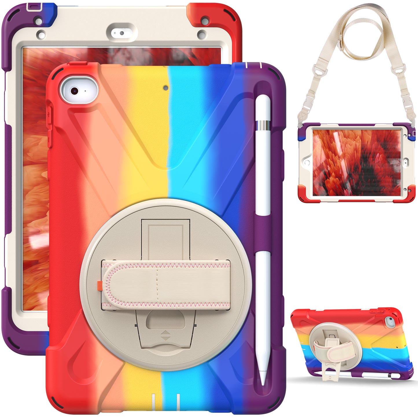 Revolving Kickstand Design Tablet Cover + Strap with Colorful Rainbow Pattern Design for iPad mini 4/(2019) 7.9 inch