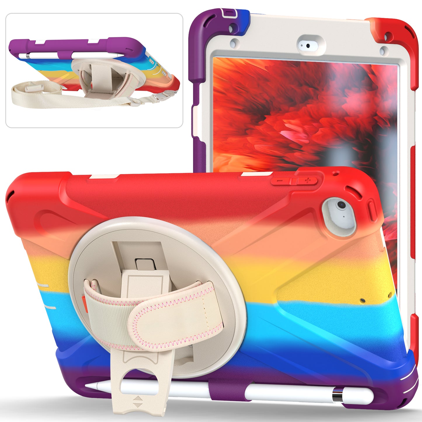 Revolving Kickstand Design Tablet Cover + Strap with Colorful Rainbow Pattern Design for iPad mini 4/(2019) 7.9 inch