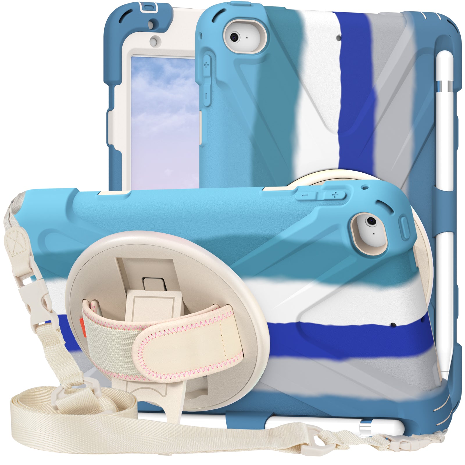 Revolving Kickstand Design Tablet Cover + Strap with Colorful Rainbow Pattern Design for iPad mini 4/(2019) 7.9 inch