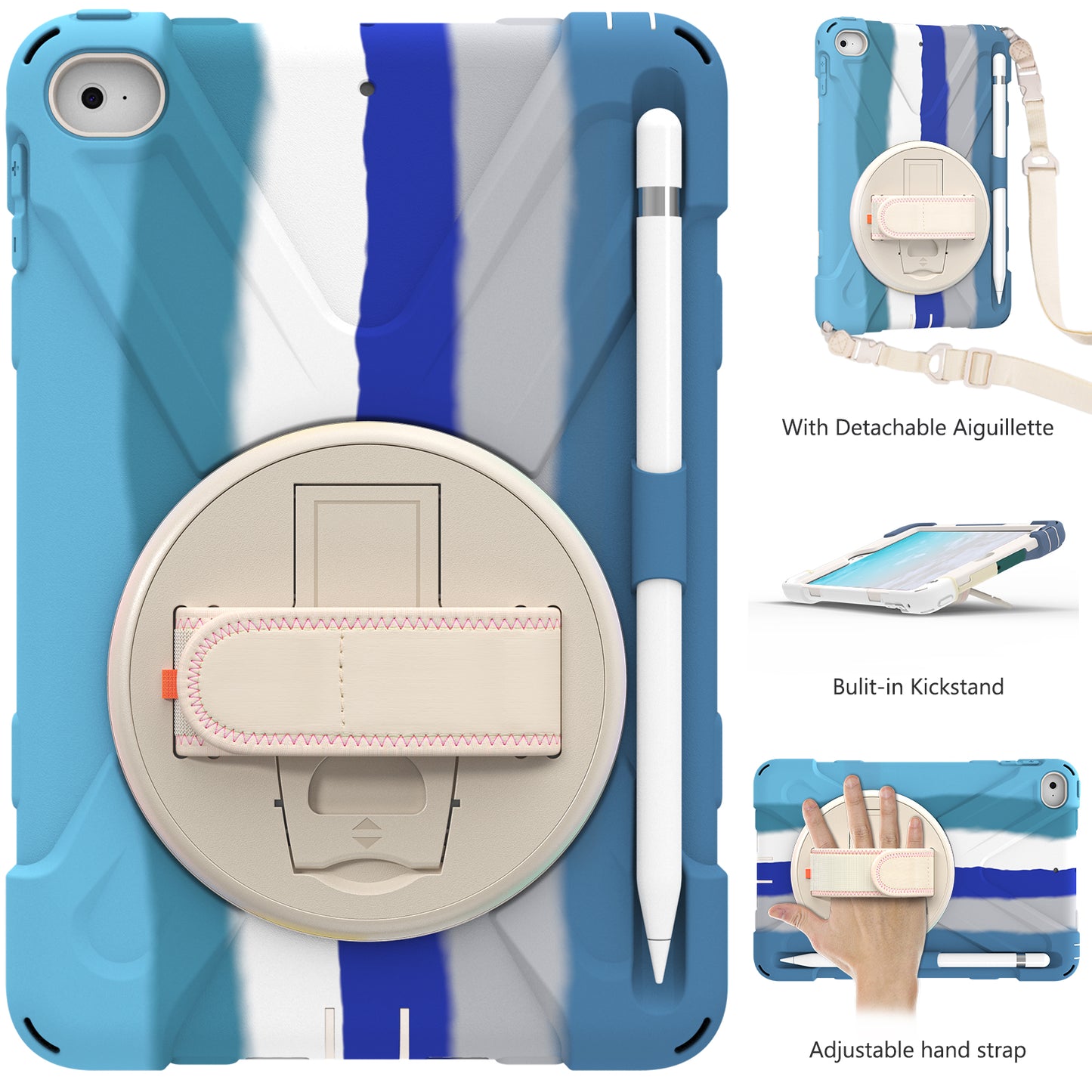 Revolving Kickstand Design Tablet Cover + Strap with Colorful Rainbow Pattern Design for iPad mini 4/(2019) 7.9 inch