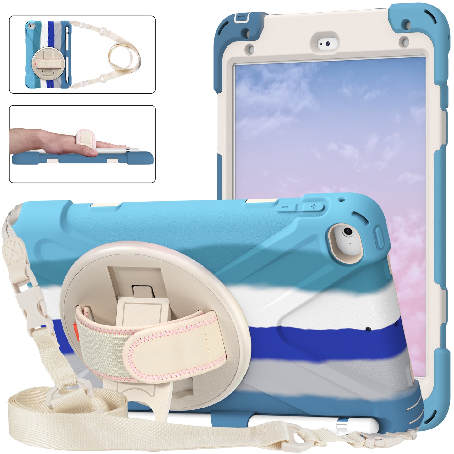 Revolving Kickstand Design Tablet Cover + Strap with Colorful Rainbow Pattern Design for iPad mini 4/(2019) 7.9 inch