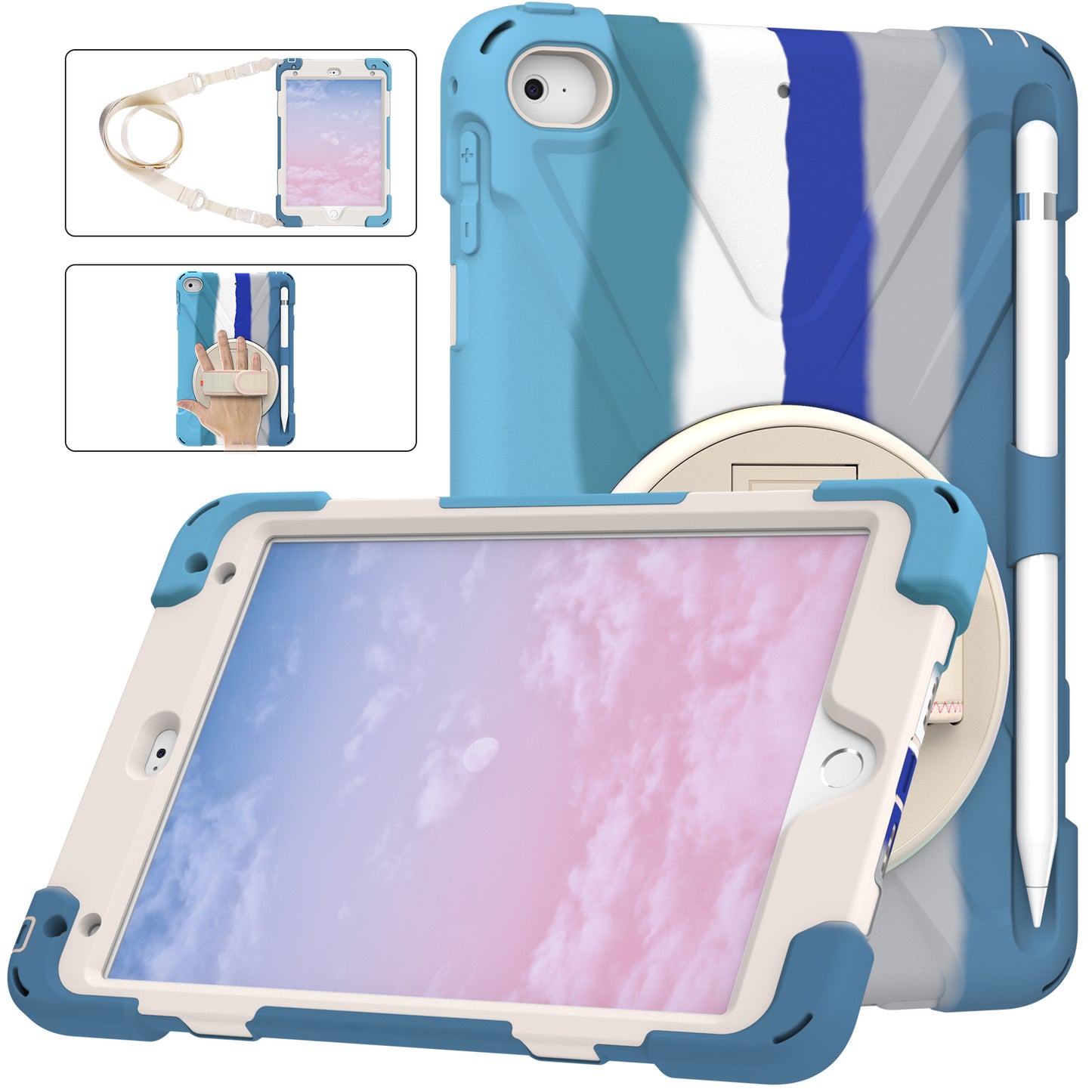 Revolving Kickstand Design Tablet Cover + Strap with Colorful Rainbow Pattern Design for iPad mini 4/(2019) 7.9 inch