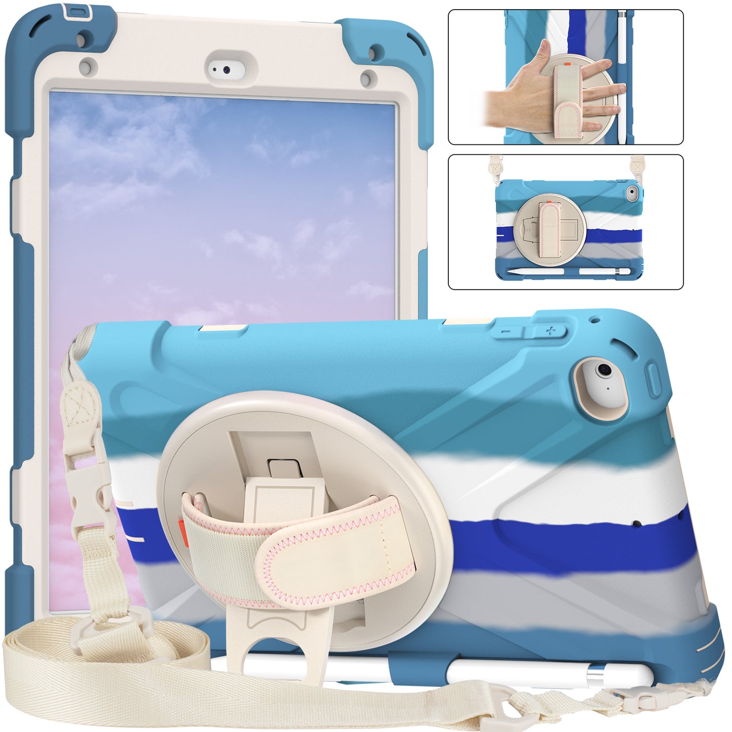 Revolving Kickstand Design Tablet Cover + Strap with Colorful Rainbow Pattern Design for iPad mini 4/(2019) 7.9 inch