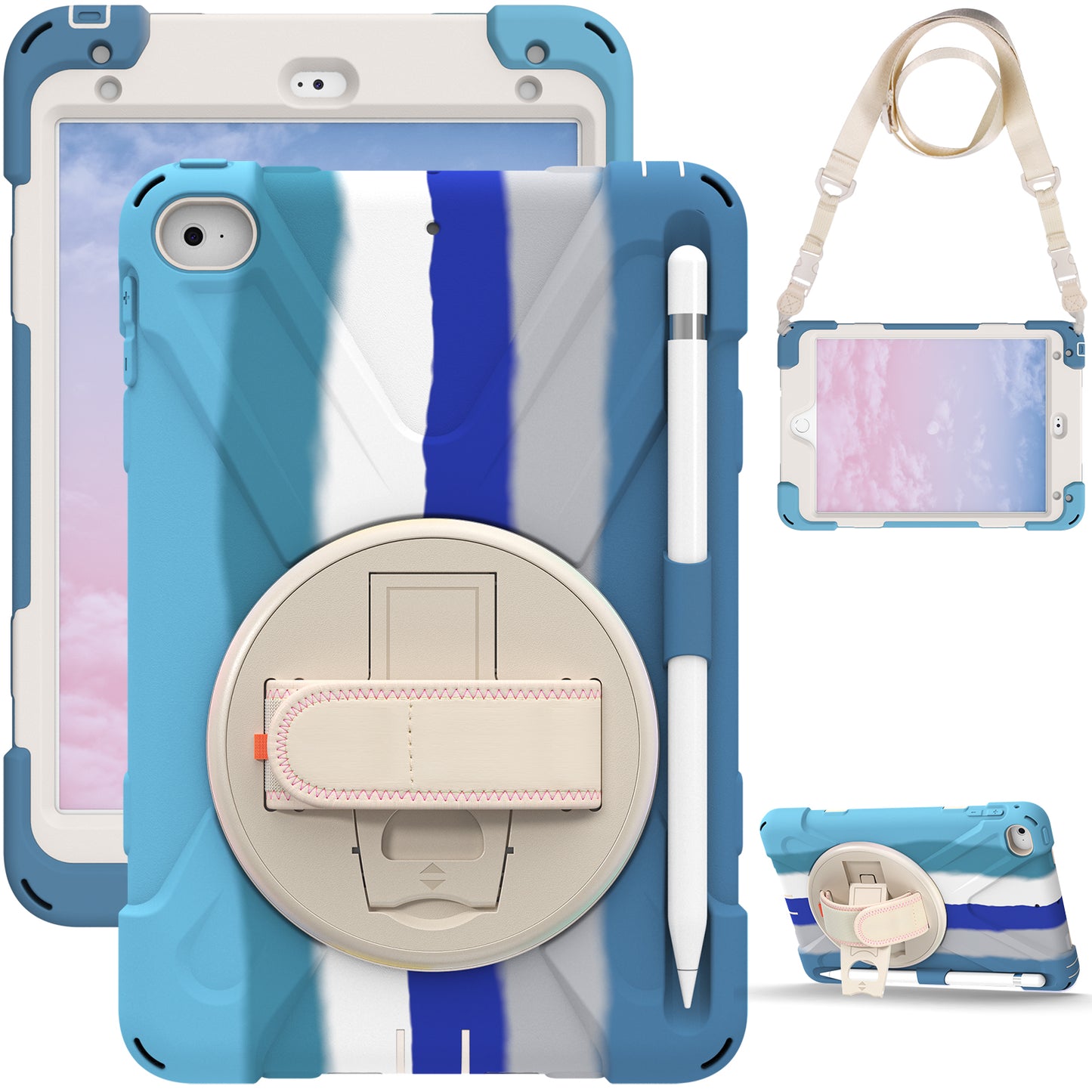 Revolving Kickstand Design Tablet Cover + Strap with Colorful Rainbow Pattern Design for iPad mini 4/(2019) 7.9 inch
