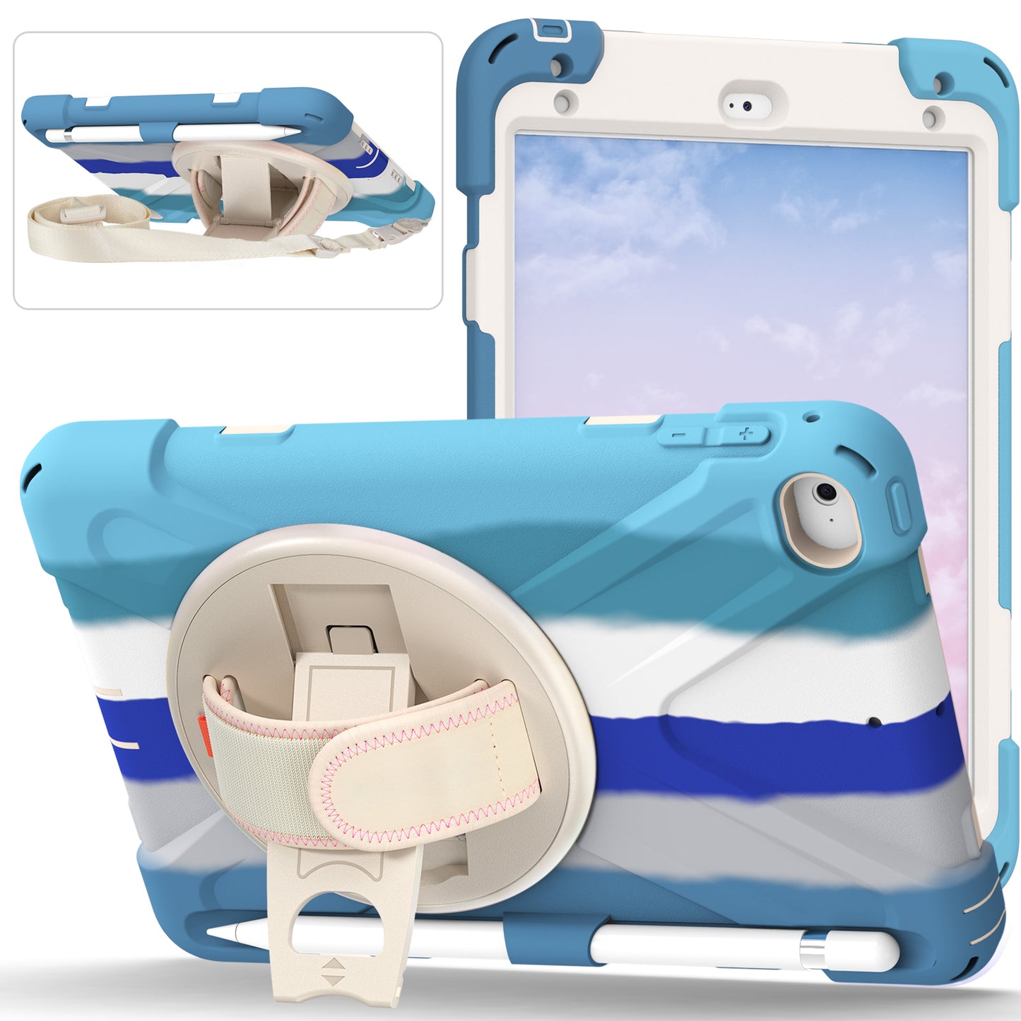 Revolving Kickstand Design Tablet Cover + Strap with Colorful Rainbow Pattern Design for iPad mini 4/(2019) 7.9 inch