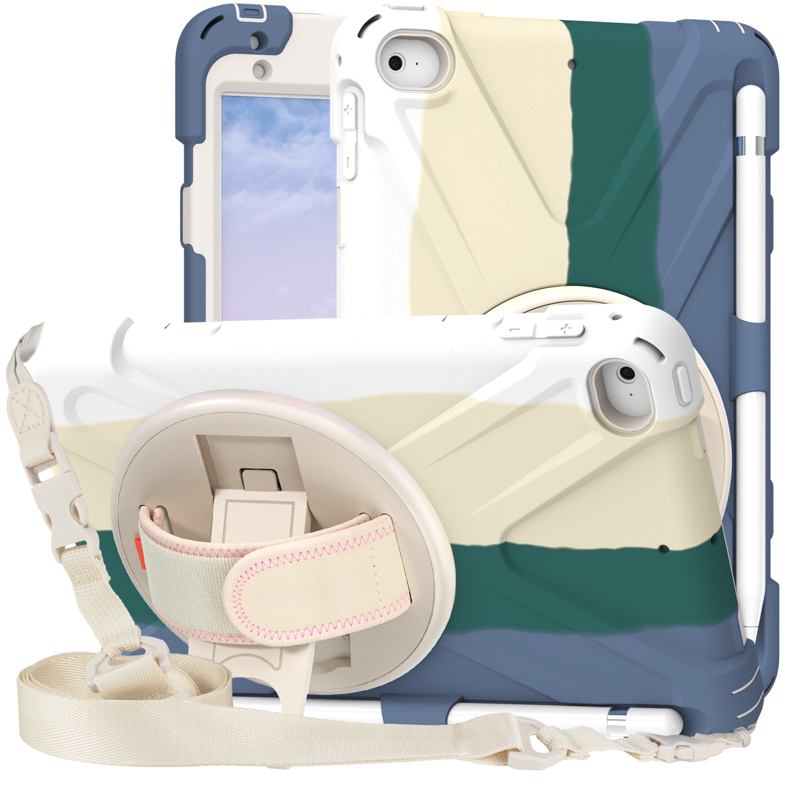 Revolving Kickstand Design Tablet Cover + Strap with Colorful Rainbow Pattern Design for iPad mini 4/(2019) 7.9 inch
