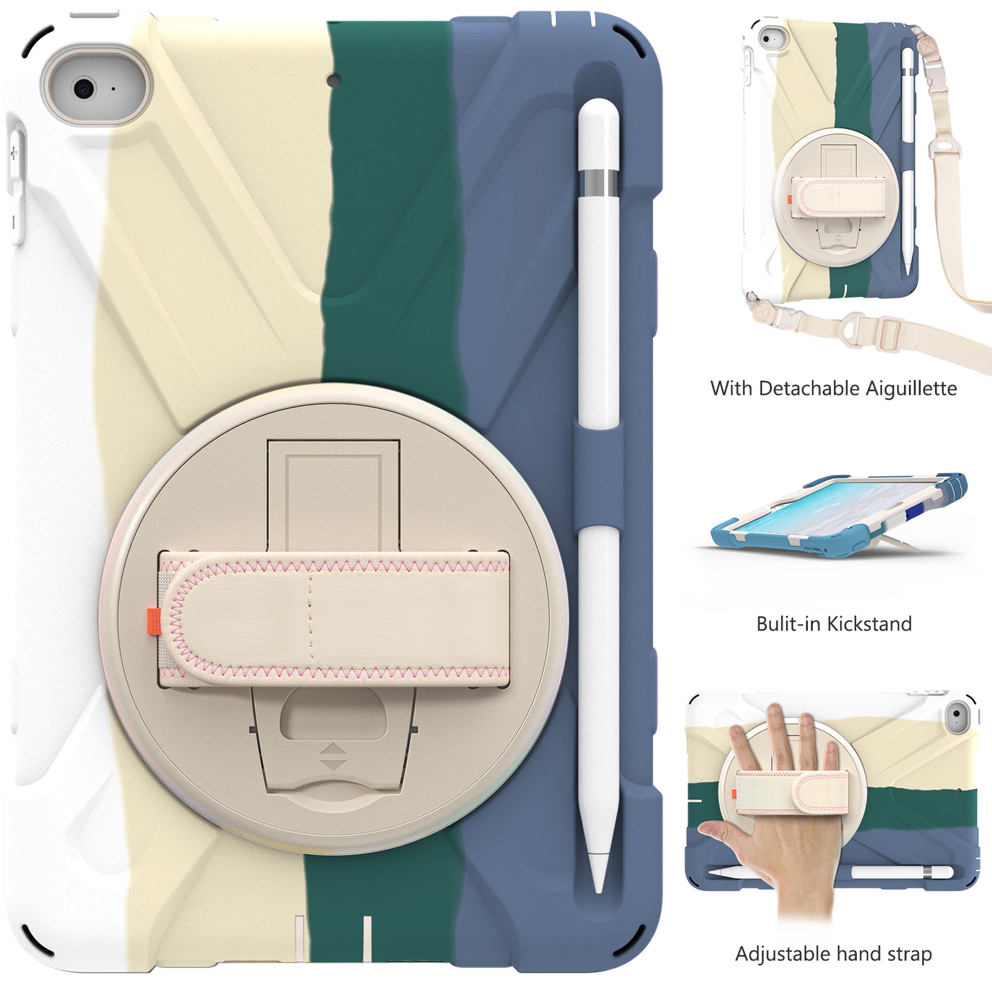 Revolving Kickstand Design Tablet Cover + Strap with Colorful Rainbow Pattern Design for iPad mini 4/(2019) 7.9 inch