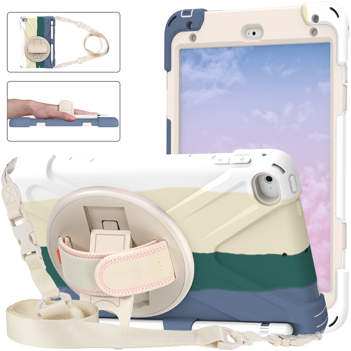Revolving Kickstand Design Tablet Cover + Strap with Colorful Rainbow Pattern Design for iPad mini 4/(2019) 7.9 inch