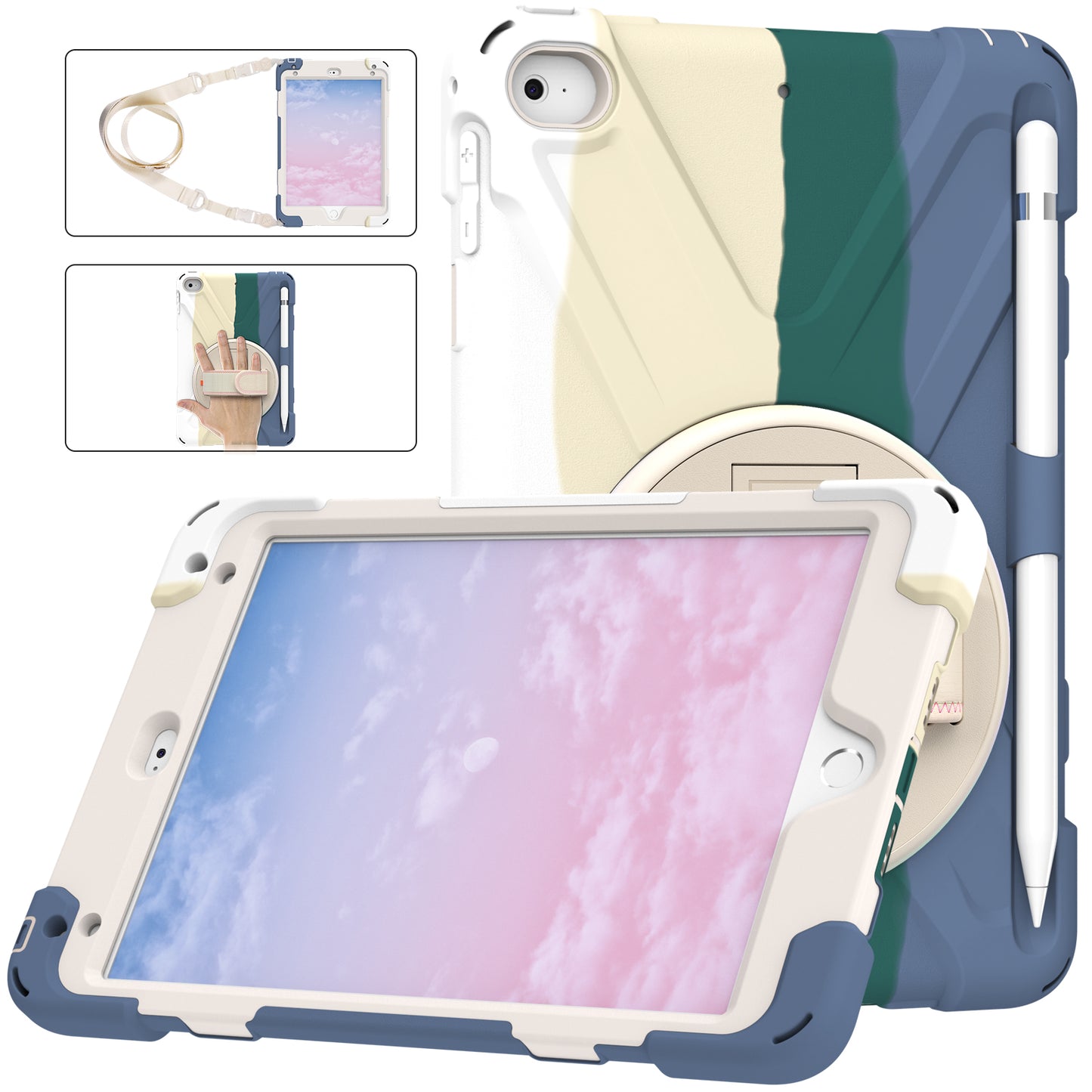 Revolving Kickstand Design Tablet Cover + Strap with Colorful Rainbow Pattern Design for iPad mini 4/(2019) 7.9 inch