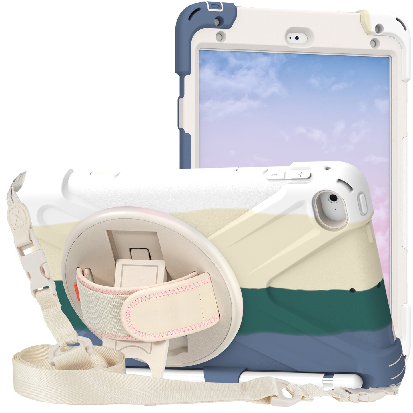 Revolving Kickstand Design Tablet Cover + Strap with Colorful Rainbow Pattern Design for iPad mini 4/(2019) 7.9 inch