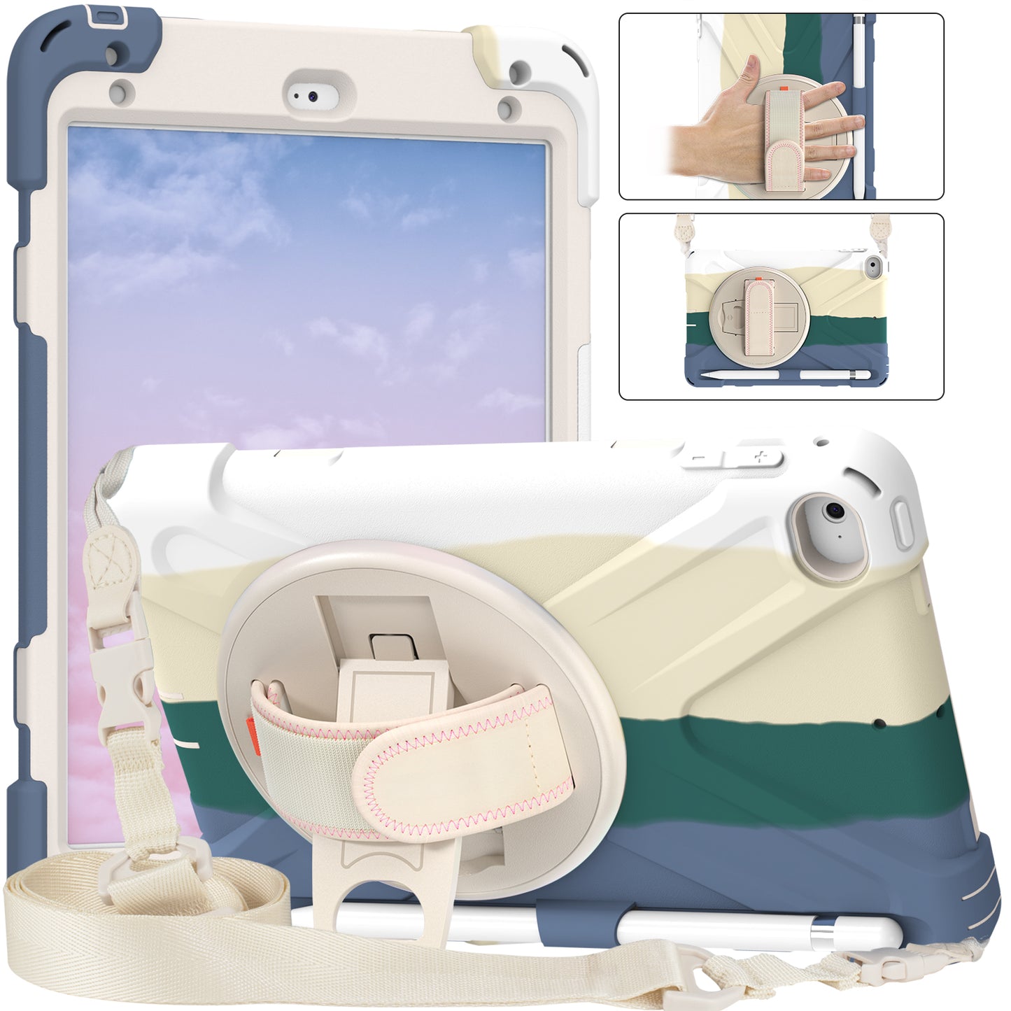 Revolving Kickstand Design Tablet Cover + Strap with Colorful Rainbow Pattern Design for iPad mini 4/(2019) 7.9 inch