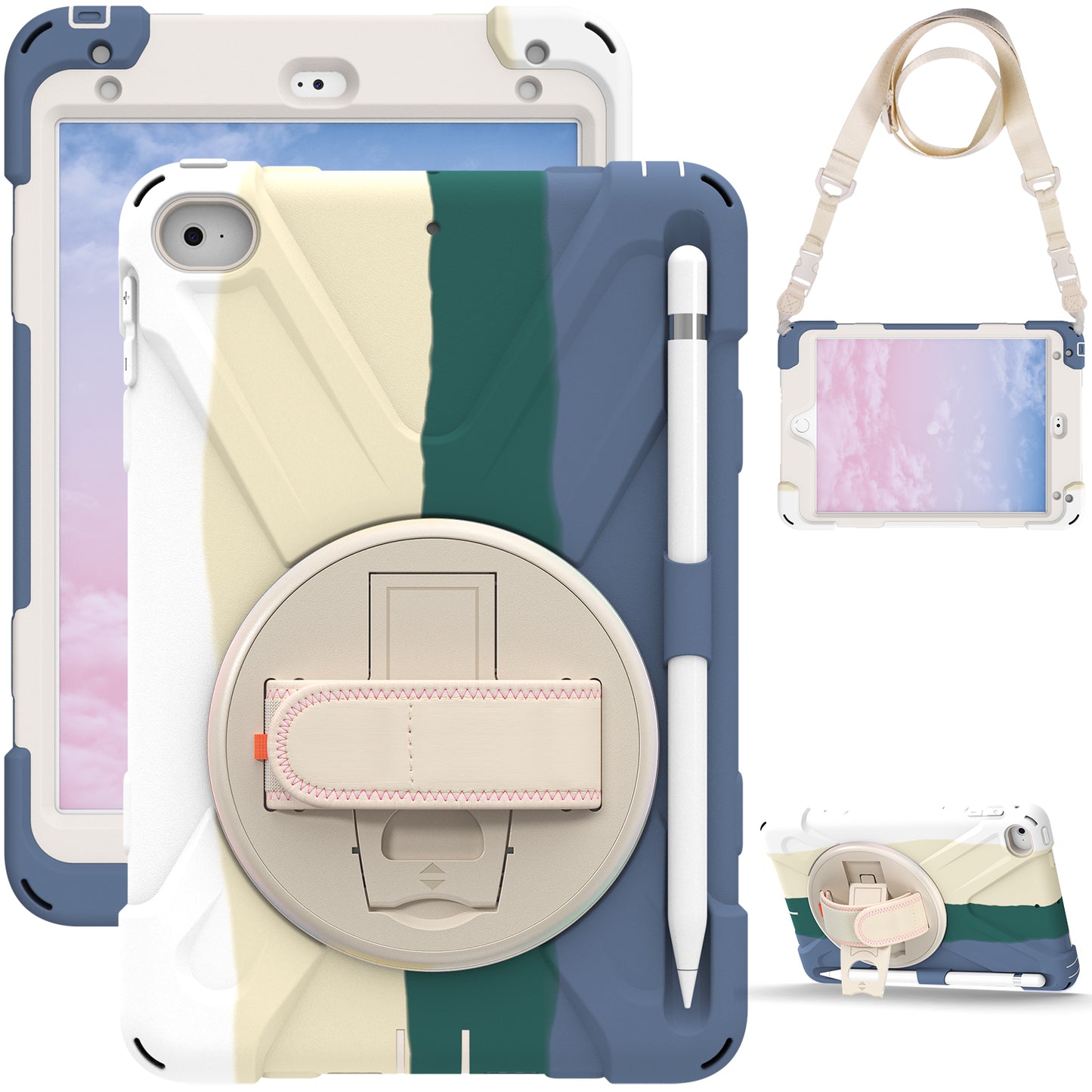 Revolving Kickstand Design Tablet Cover + Strap with Colorful Rainbow Pattern Design for iPad mini 4/(2019) 7.9 inch