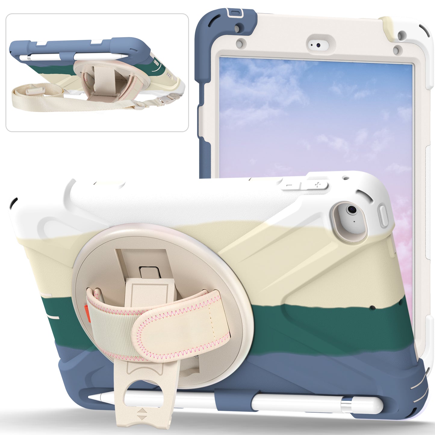 Revolving Kickstand Design Tablet Cover + Strap with Colorful Rainbow Pattern Design for iPad mini 4/(2019) 7.9 inch