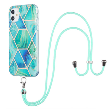 2.0mm Double-sided IMD Electroplating Marble Pattern Splicing TPU Case with Lanyard for iPhone 11 6.1 inch