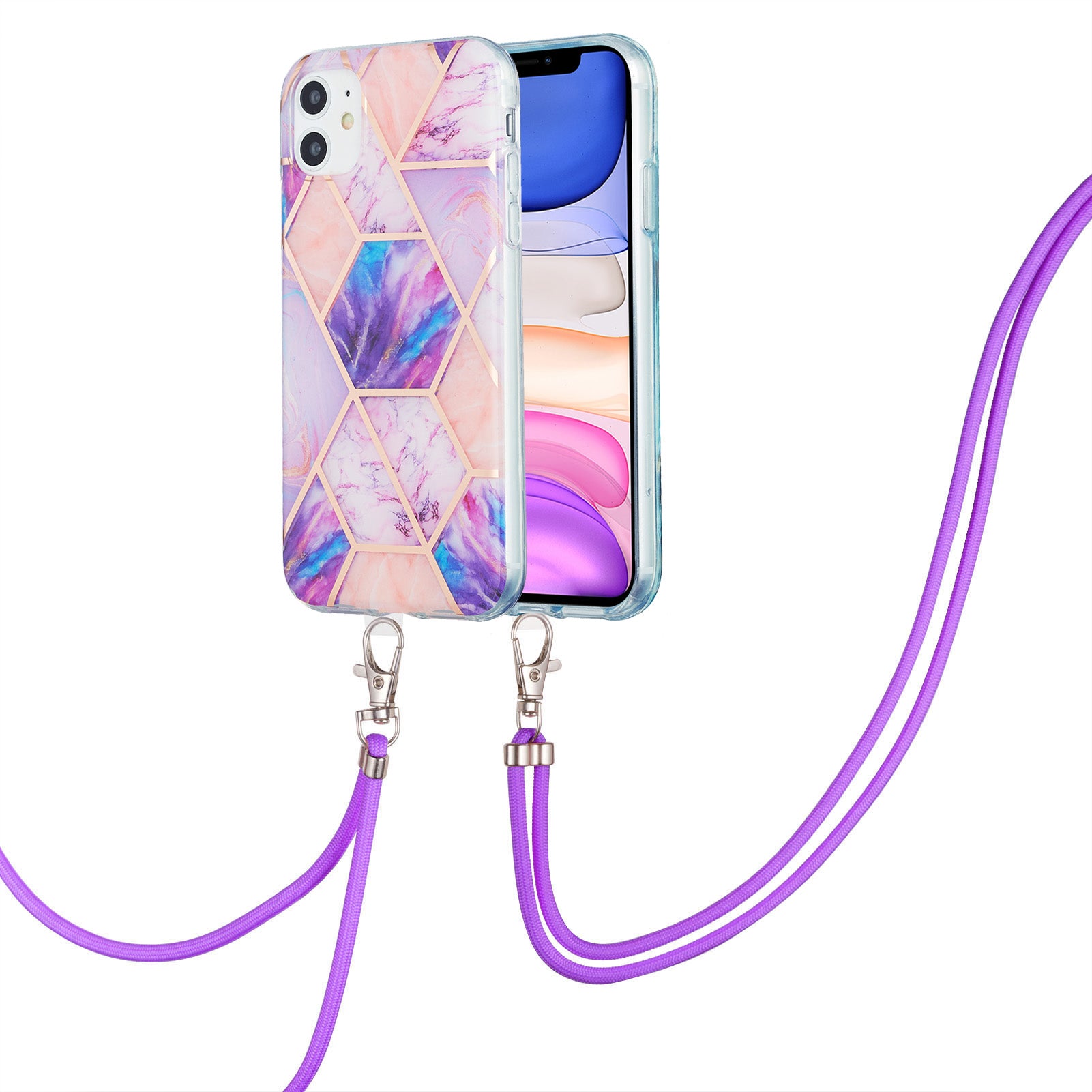 2.0mm Double-sided IMD Electroplating Marble Pattern Splicing TPU Case with Lanyard for iPhone 11 6.1 inch