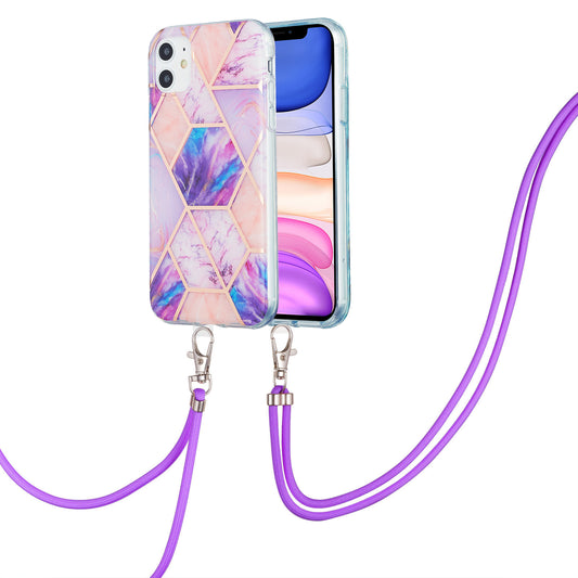 2.0mm Double-sided IMD Electroplating Marble Pattern Splicing TPU Case with Lanyard for iPhone 11 6.1 inch