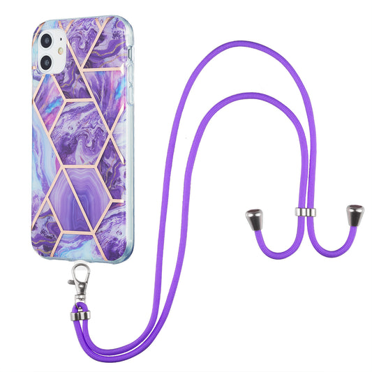 2.0mm Double-sided IMD Electroplating Marble Pattern Splicing TPU Case with Lanyard for iPhone 11 6.1 inch