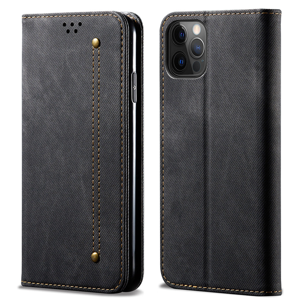 Jeans Cloth Texture All-round Protection Leather Wallet Stand Case for iPhone 13 Pro 6.1 inch