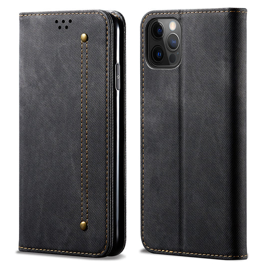Jeans Cloth Texture All-round Protection Leather Wallet Stand Case for iPhone 13 Pro 6.1 inch